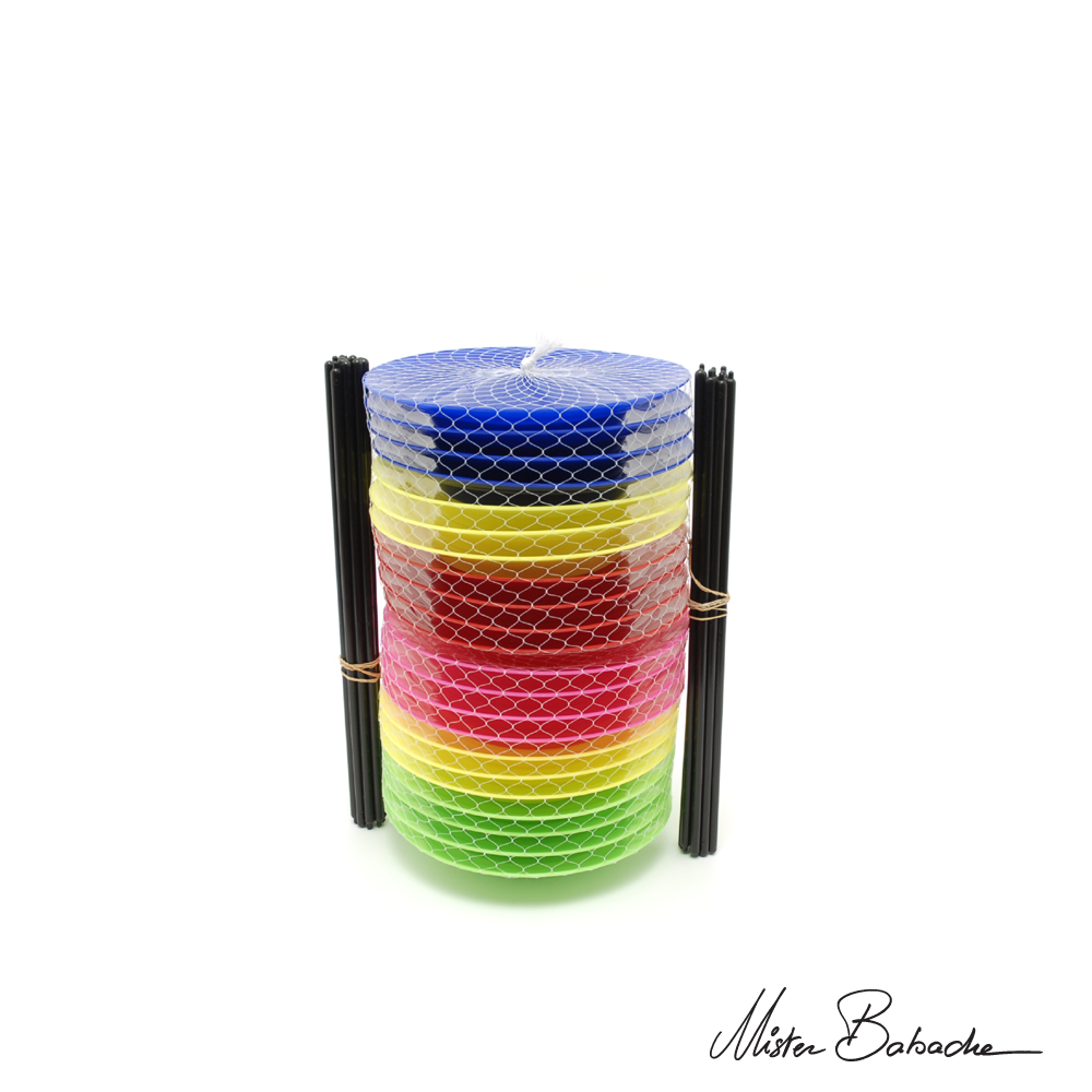 Kit 4x11 assiettes à jongler dans filet avec 11 baguettes noir